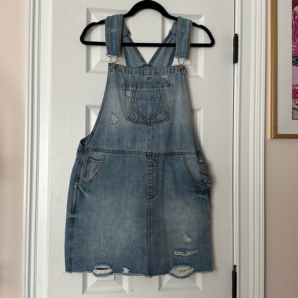Kensie Light Blue Distressed Denim Overall Dress